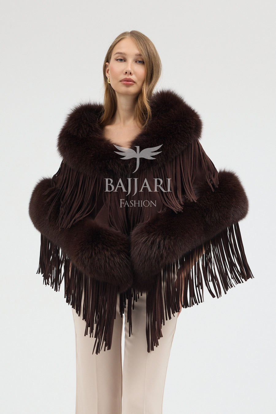 Suede Fabric Real Fox Fur Embellished Tassel Cape Shawl