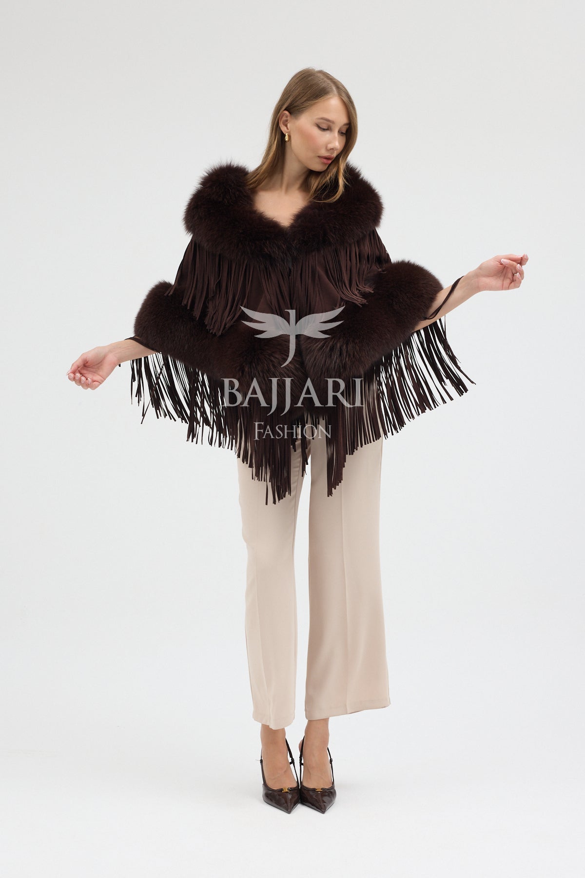 Cashmere Real Fox Fur Embellished Tassel Cape Shawl
