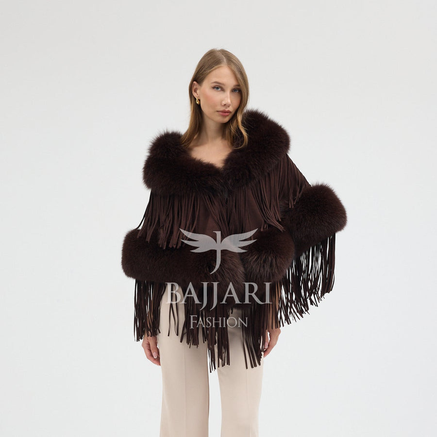 Suede Fabric Real Fox Fur Embellished Tassel Cape Shawl