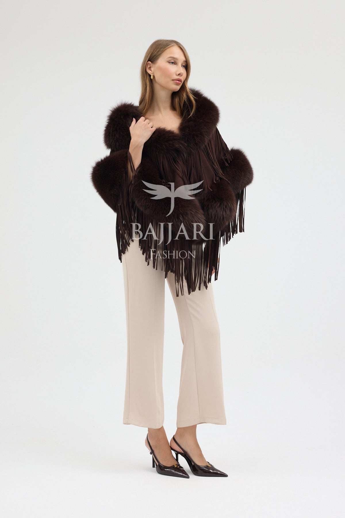 Cashmere Real Fox Fur Embellished Tassel Cape Shawl