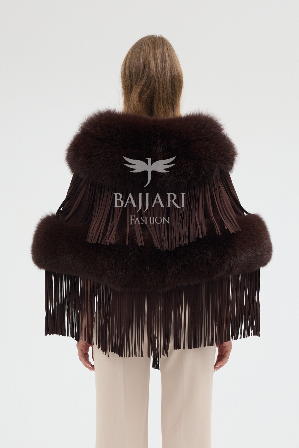 Cashmere Real Fox Fur Embellished Tassel Cape Shawl