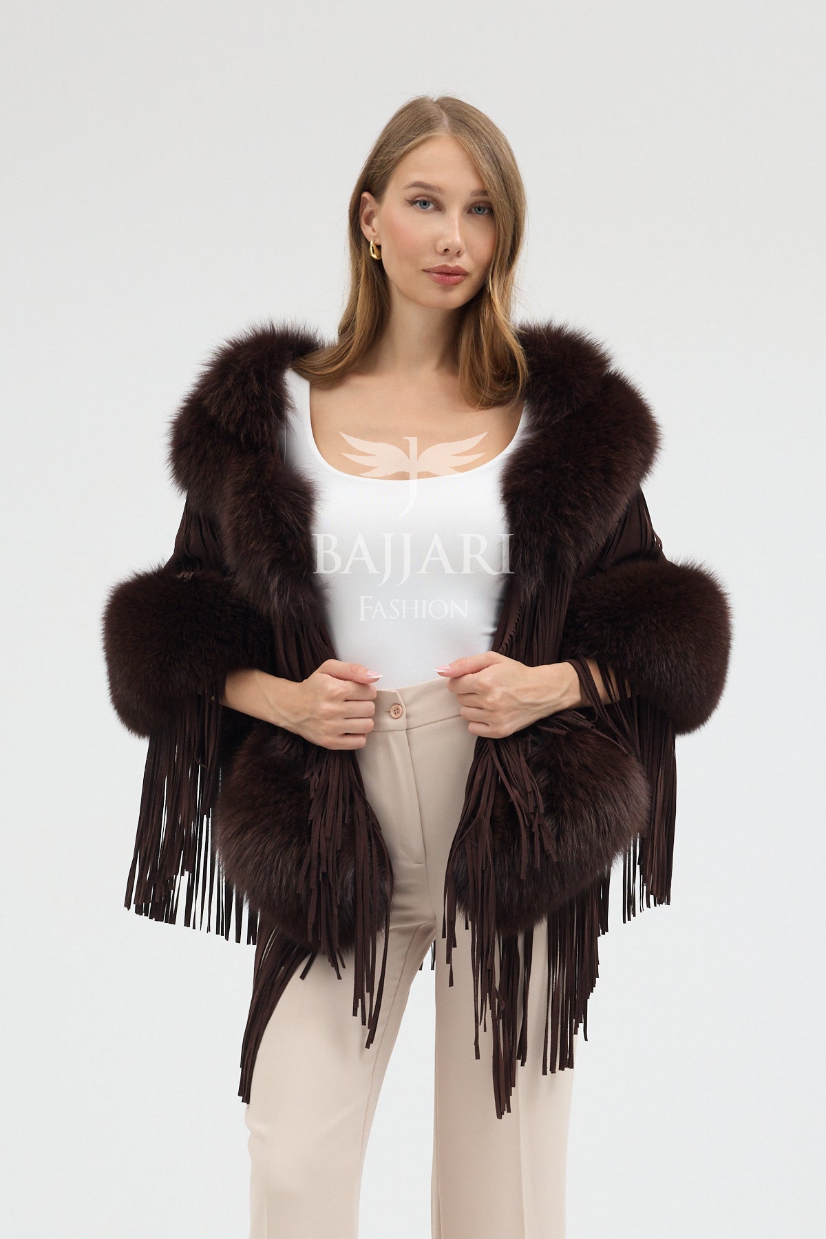 Cashmere Real Fox Fur Embellished Tassel Cape Shawl
