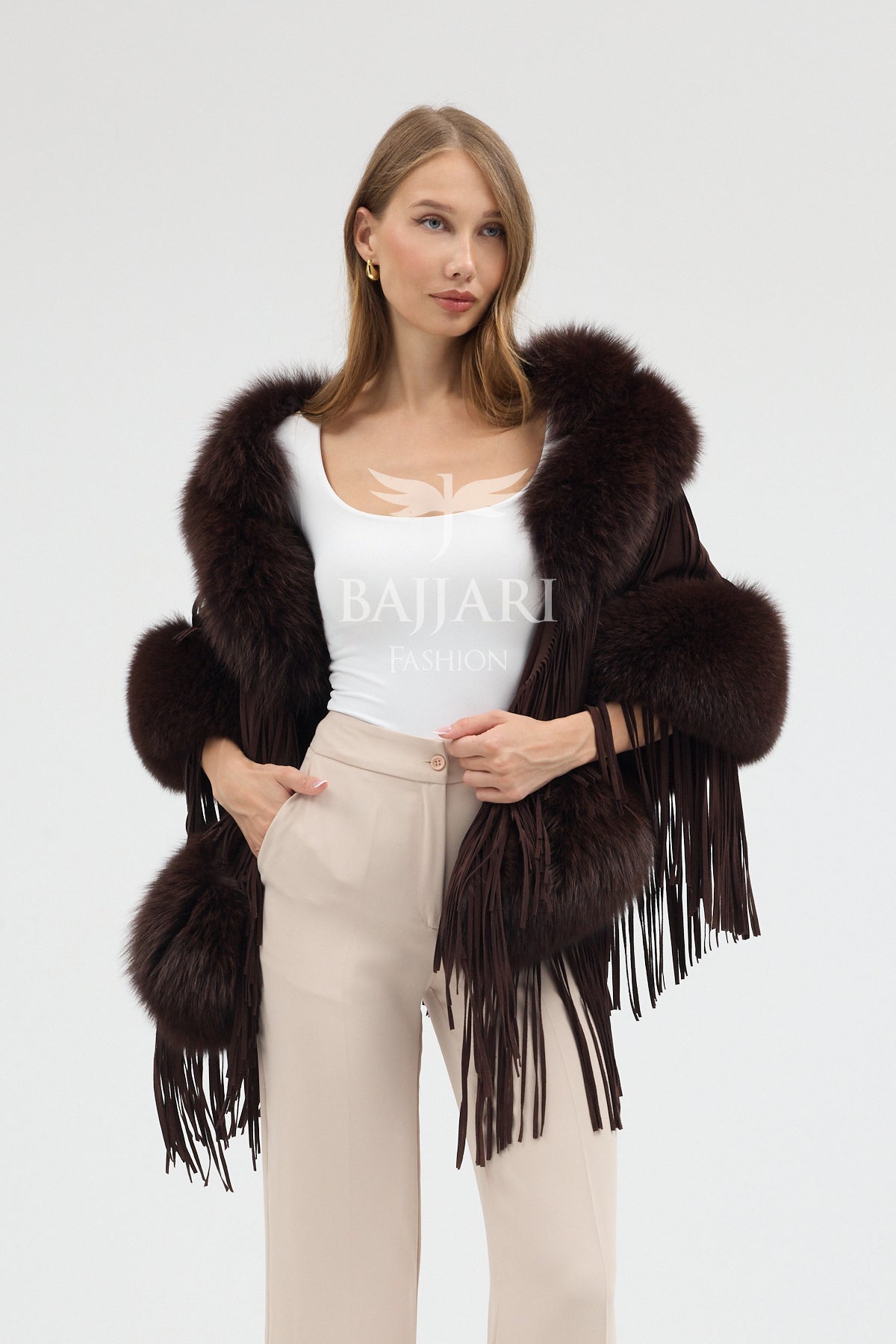 Cashmere Real Fox Fur Embellished Tassel Cape Shawl