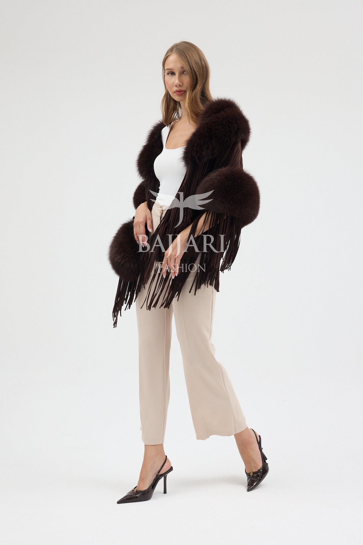 Cashmere Real Fox Fur Embellished Tassel Cape Shawl