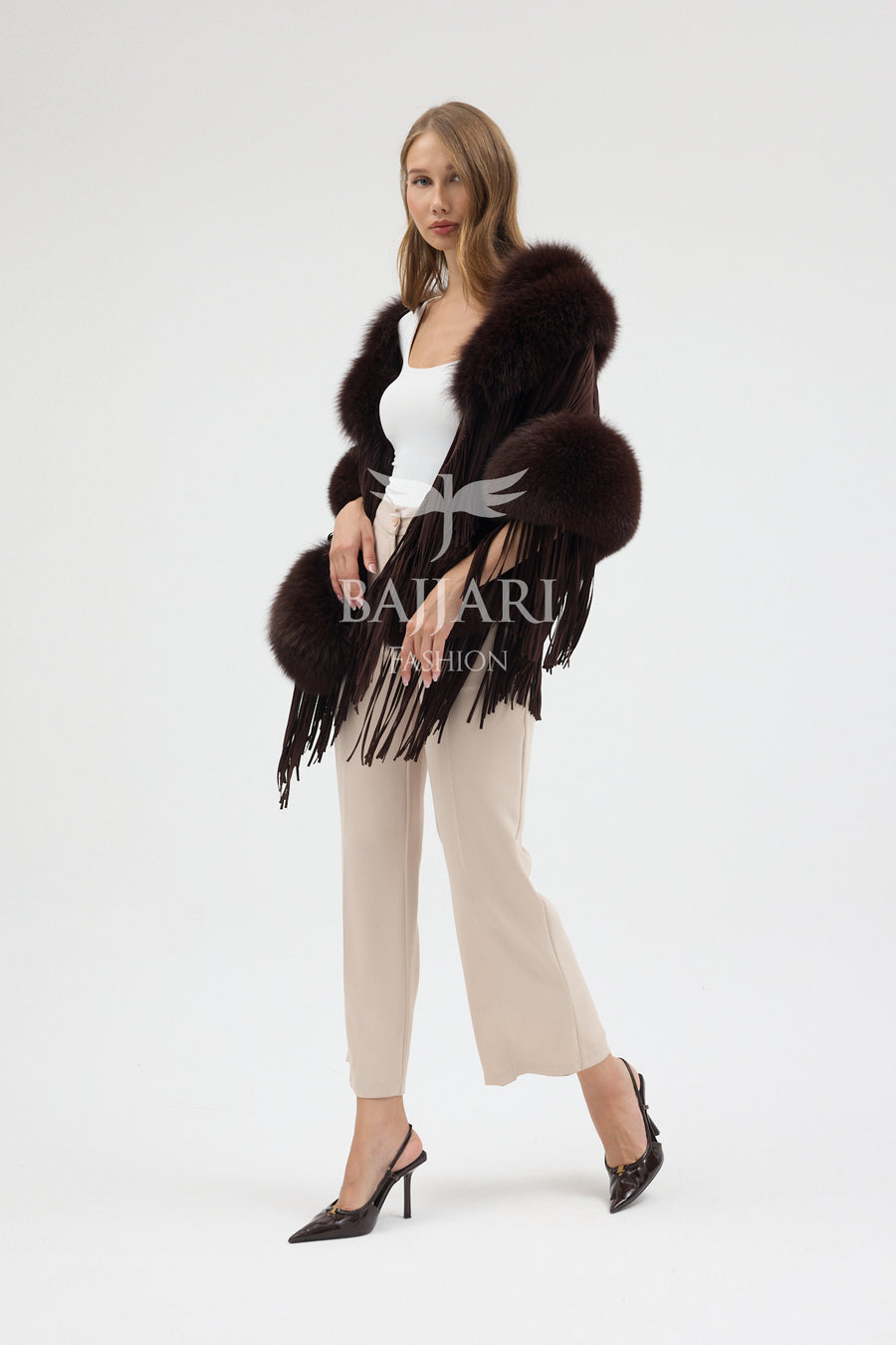 Suede Fabric Real Fox Fur Embellished Tassel Cape Shawl