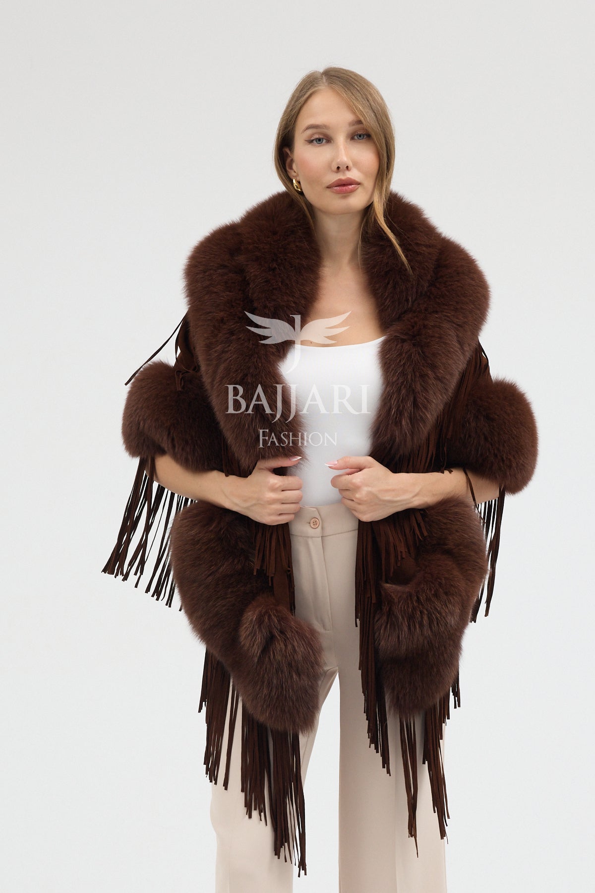 Cashmere Real Fox Fur Embellished Tassel Cape Shawl