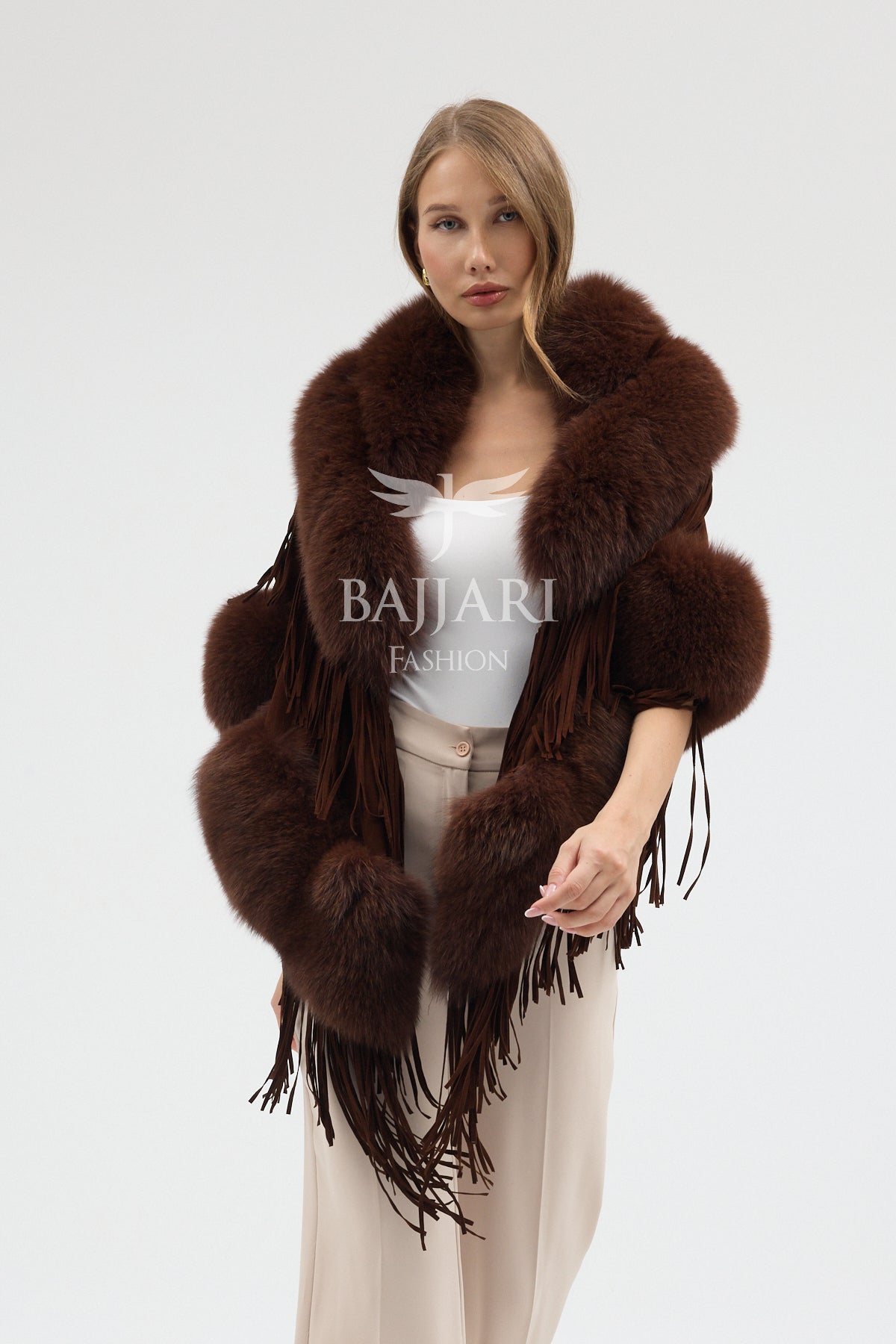 Cashmere Real Fox Fur Embellished Tassel Cape Shawl