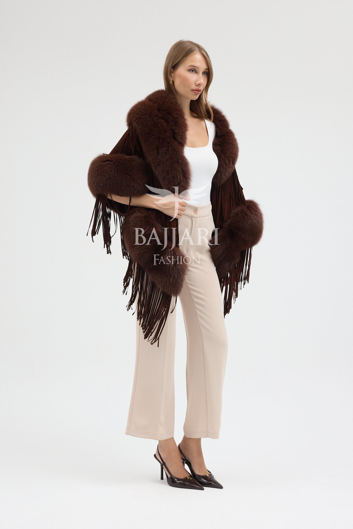 Cashmere Real Fox Fur Embellished Tassel Cape Shawl