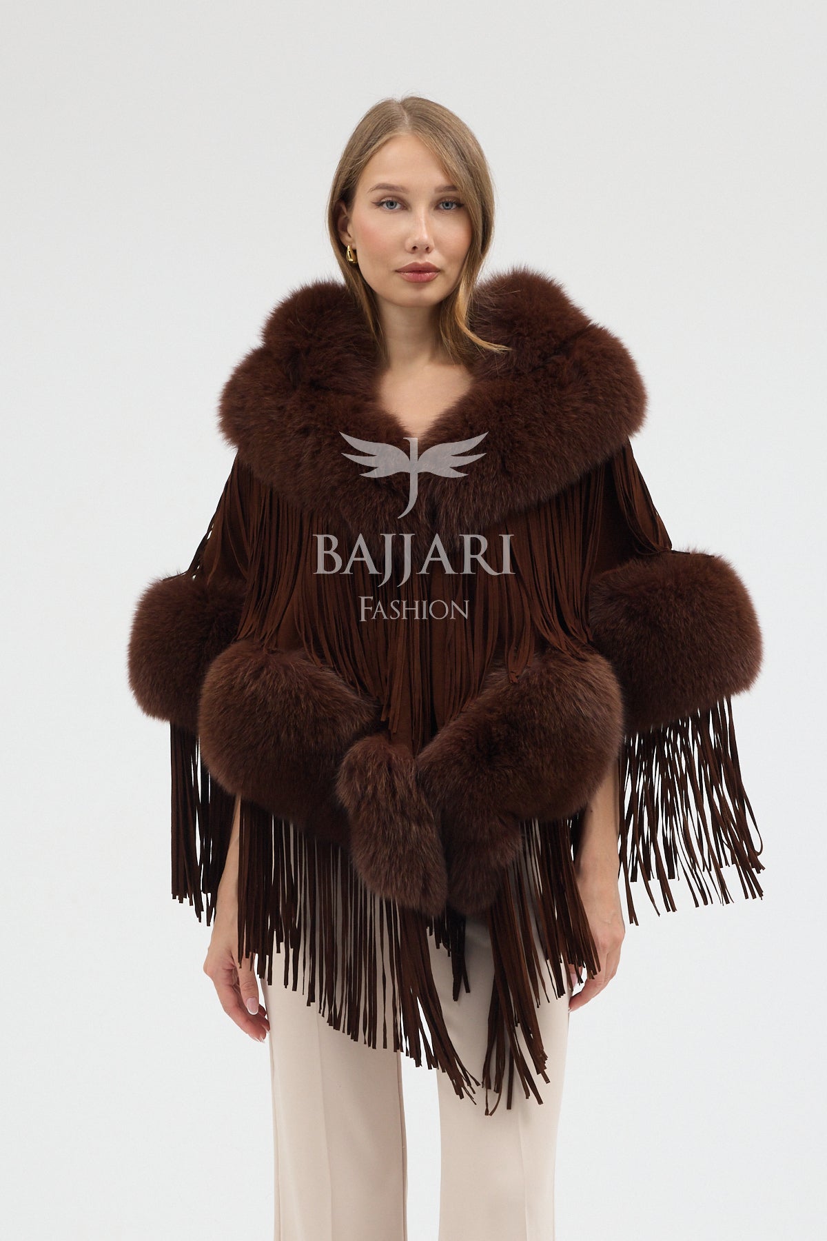 Cashmere Real Fox Fur Embellished Tassel Cape Shawl