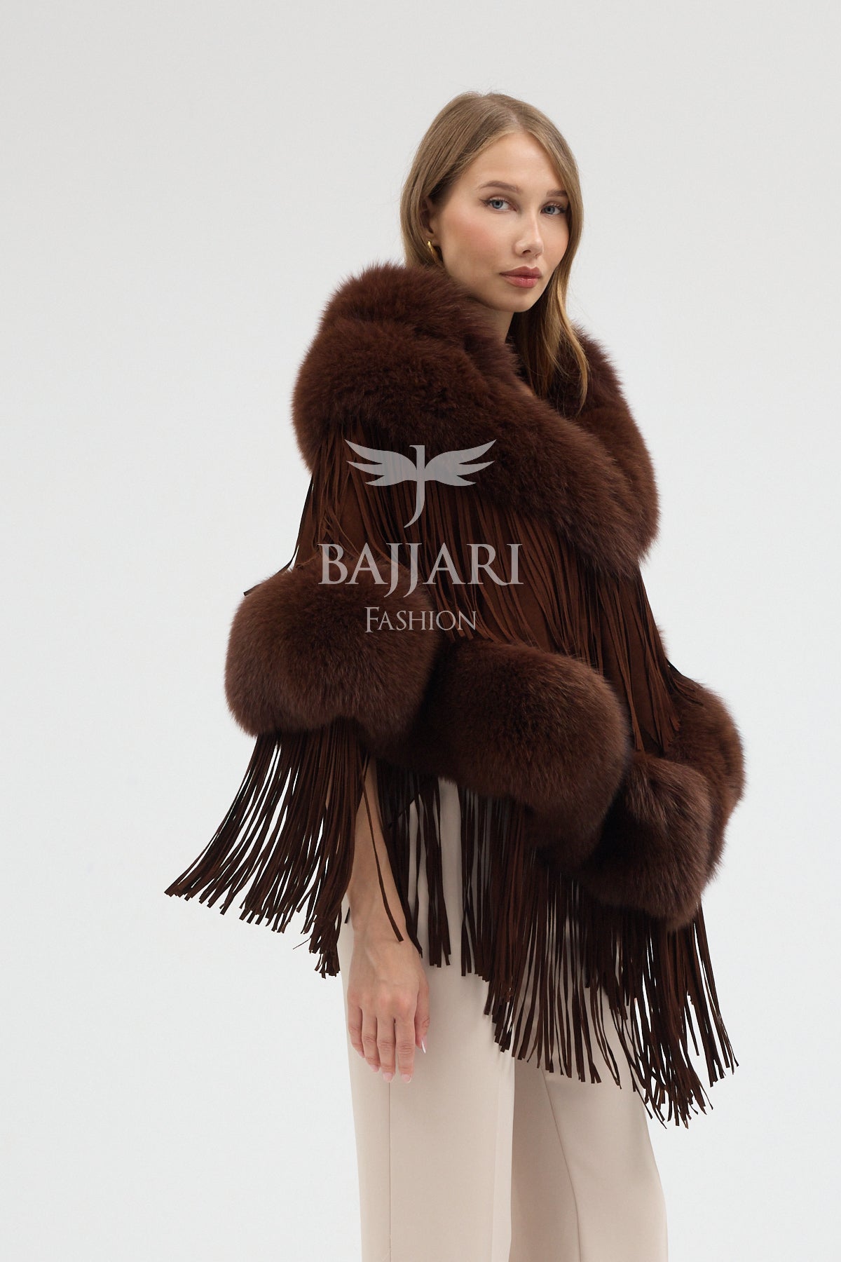 Cashmere Real Fox Fur Embellished Tassel Cape Shawl