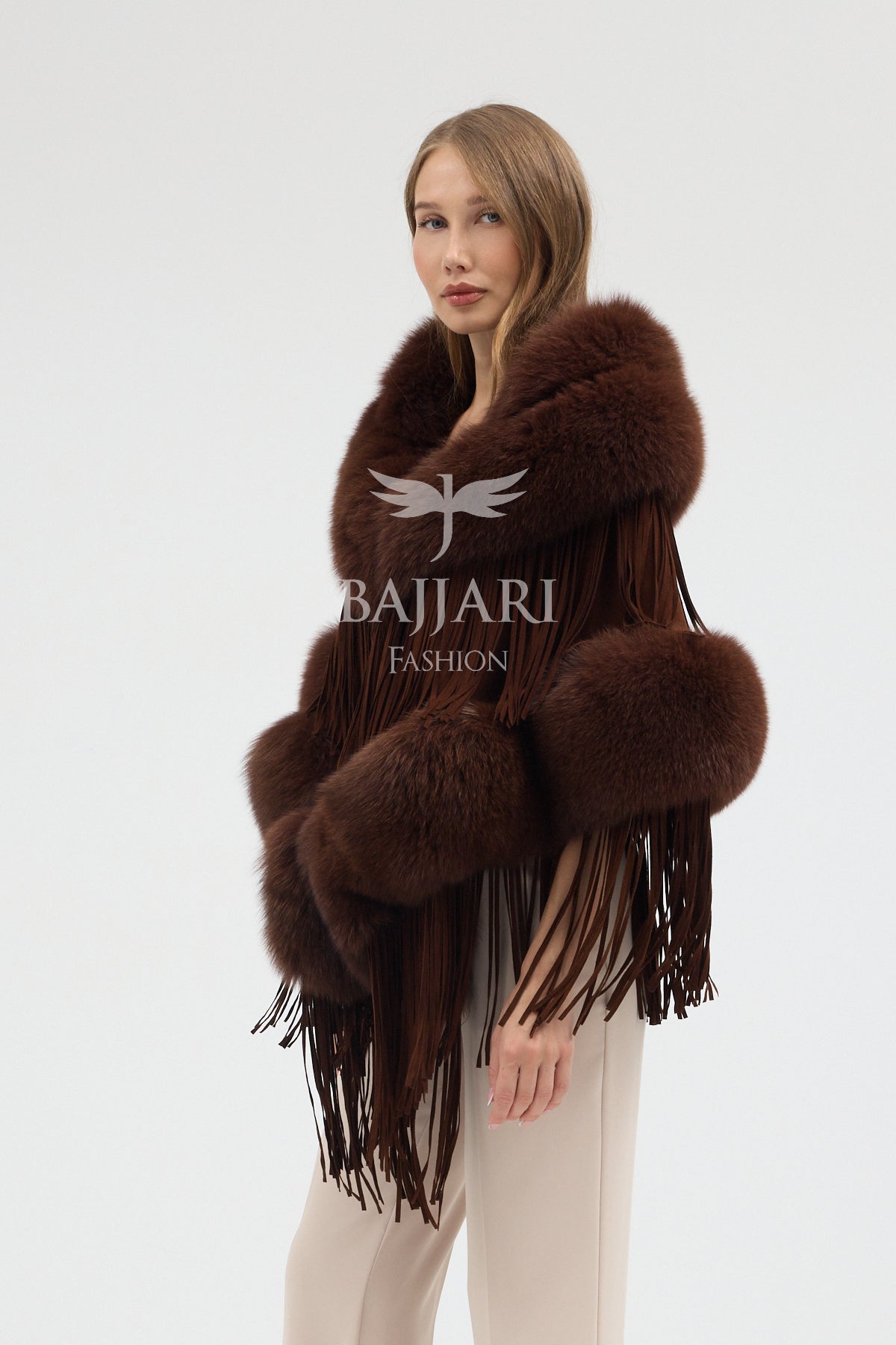 Cashmere Real Fox Fur Embellished Tassel Cape Shawl