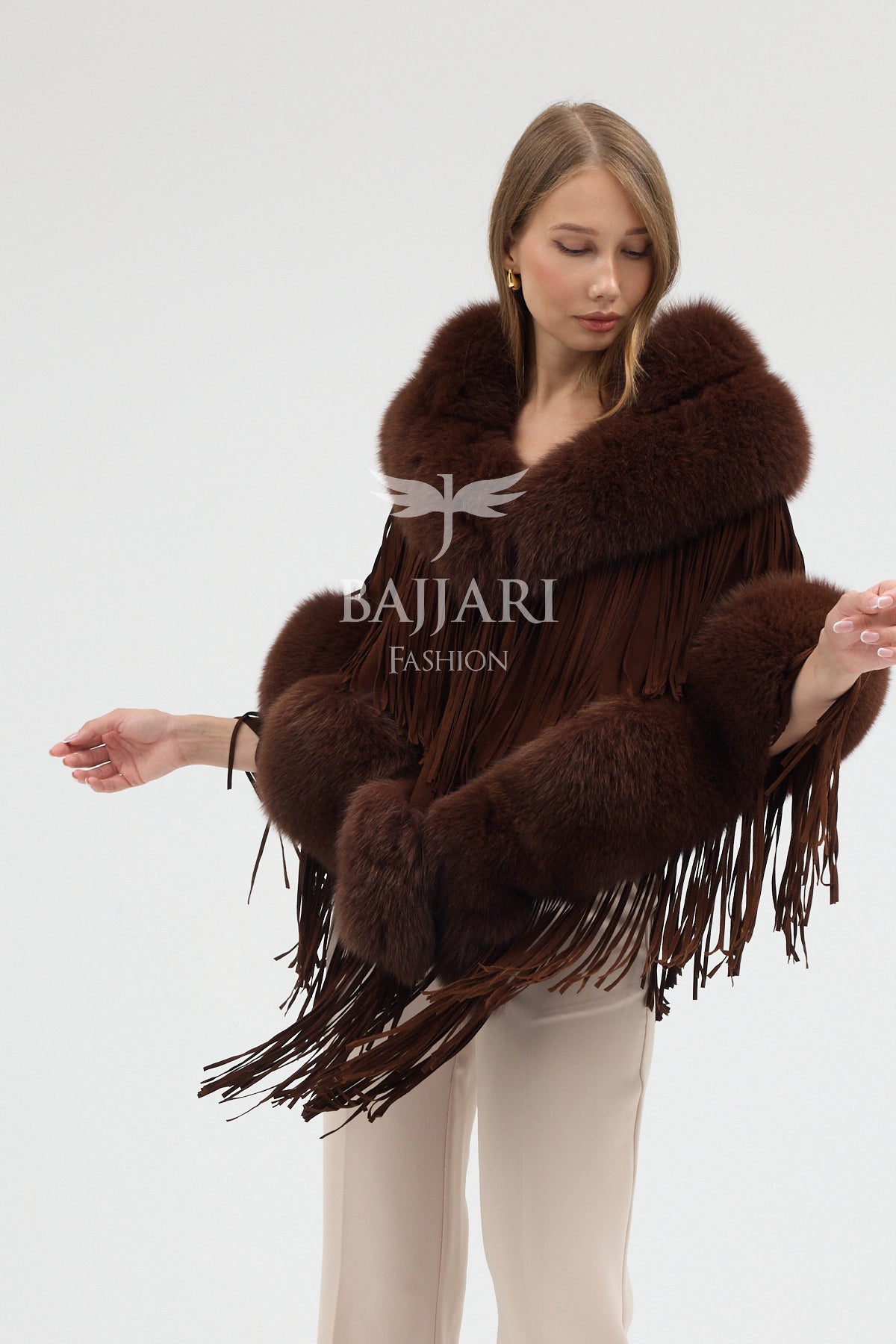 Cashmere Real Fox Fur Embellished Tassel Cape Shawl