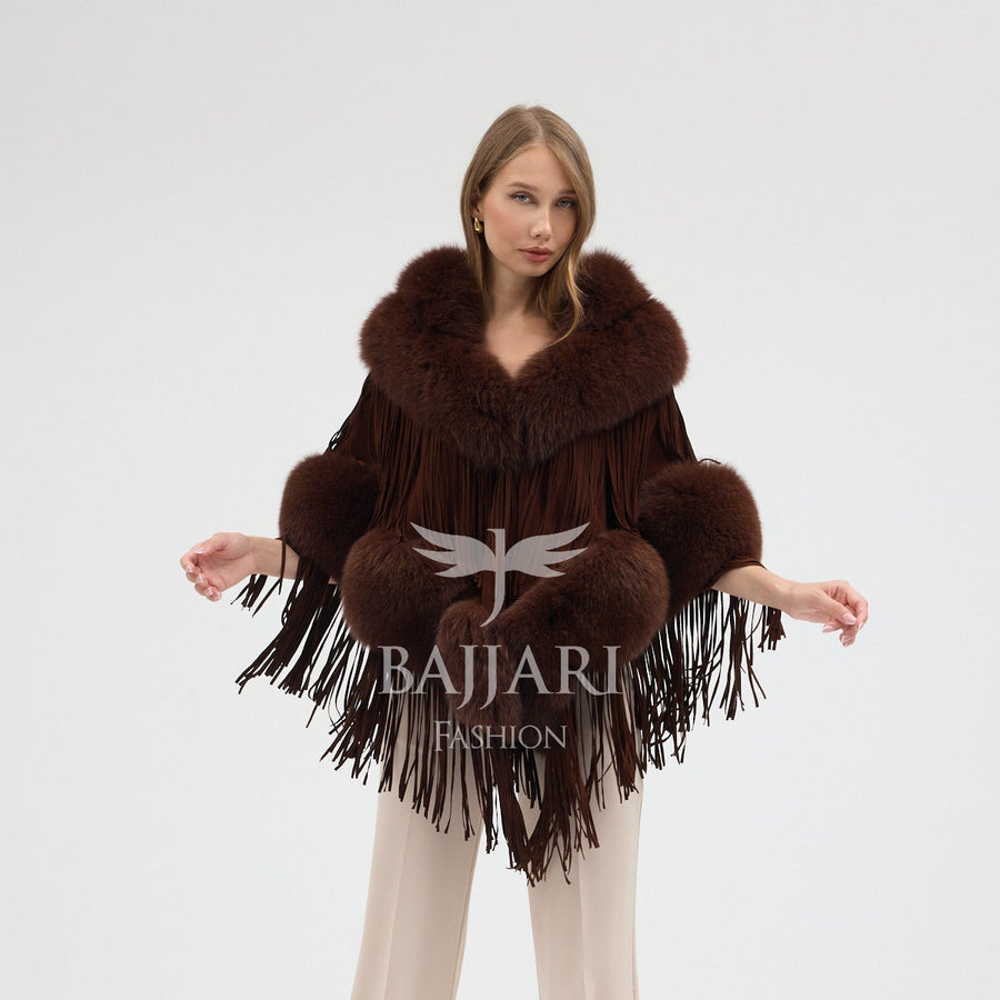 Suede Fabric Real Fox Fur Embellished Tassel Cape Shawl