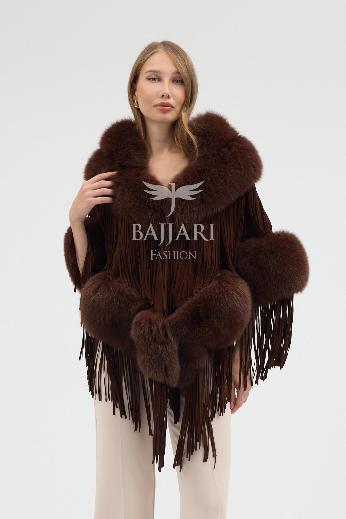 Cashmere Real Fox Fur Embellished Tassel Cape Shawl