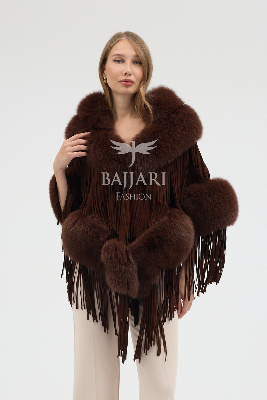 Suede Fabric Real Fox Fur Embellished Tassel Cape Shawl