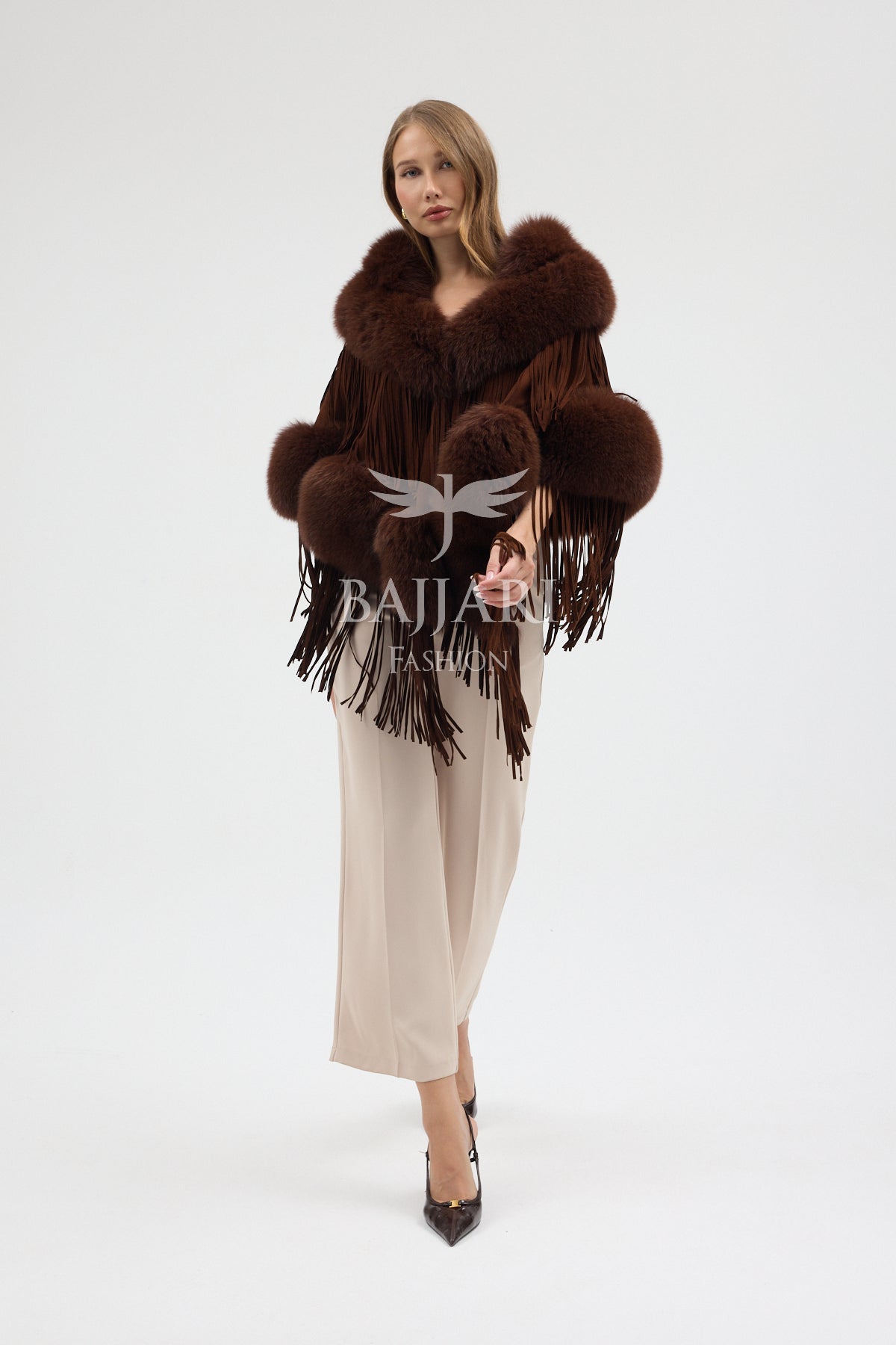 Cashmere Real Fox Fur Embellished Tassel Cape Shawl