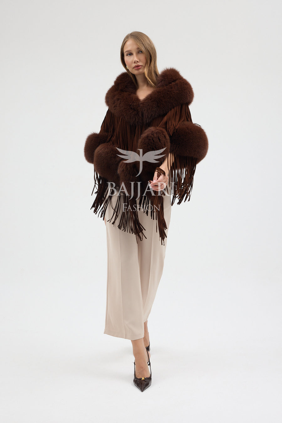 Suede Fabric Real Fox Fur Embellished Tassel Cape Shawl