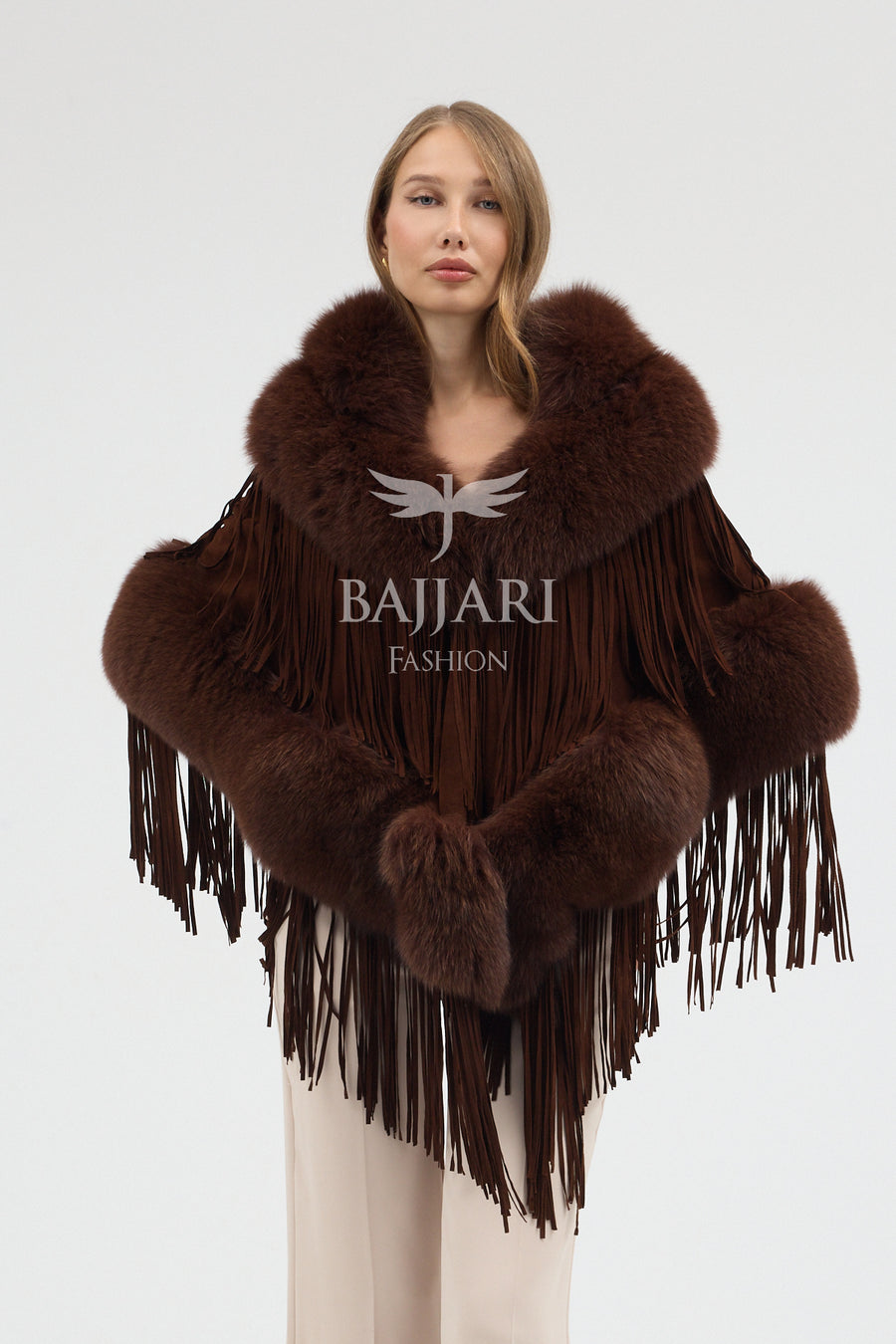 Suede Fabric Real Fox Fur Embellished Tassel Cape Shawl