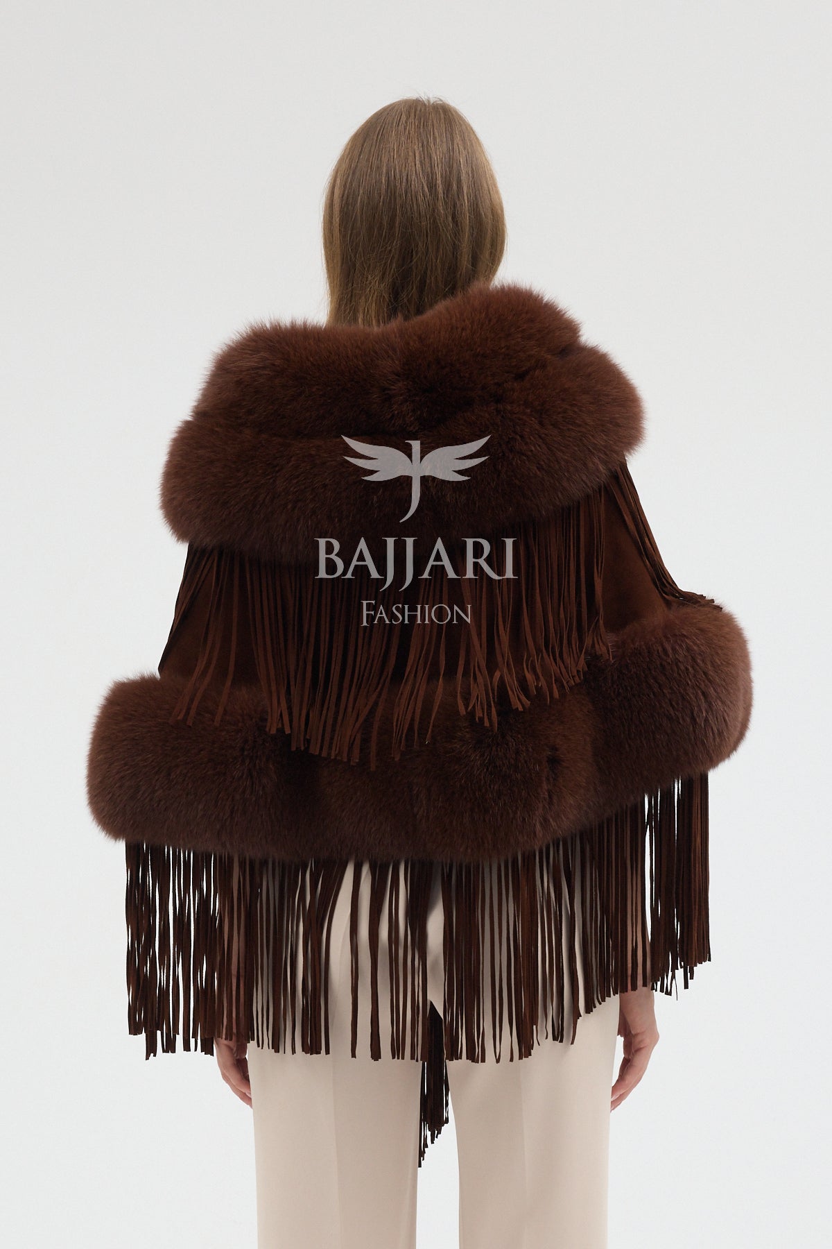 Cashmere Real Fox Fur Embellished Tassel Cape Shawl