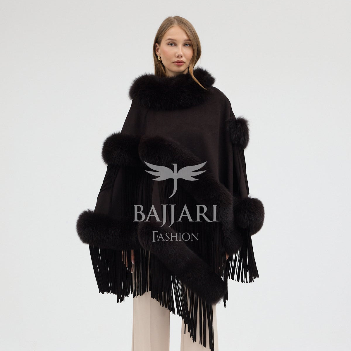 Cashmere Real Fox Fur Embroidered Tassel Cape Shawl