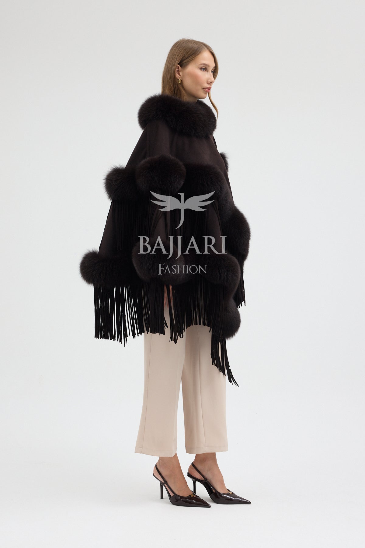 Cashmere Real Fox Fur Embroidered Tassel Cape Shawl