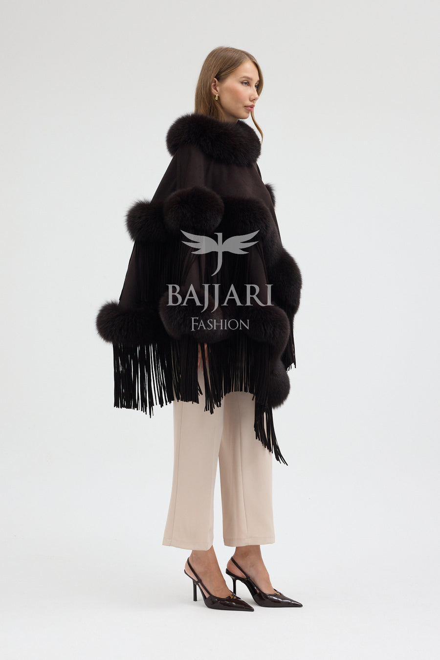 Cashmere Real Fox Fur Embroidered Tassel Cape Shawl