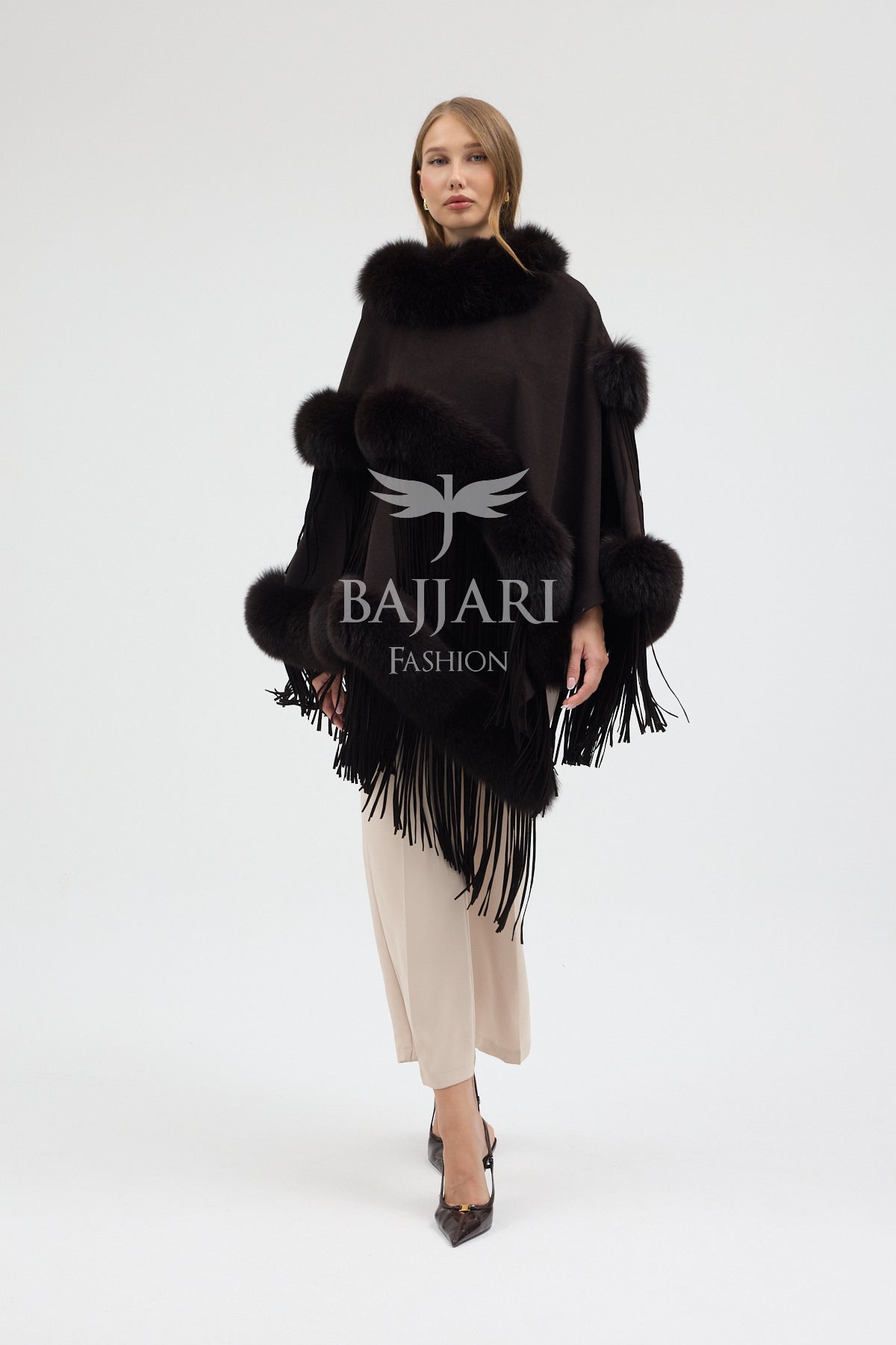 Cashmere Real Fox Fur Embroidered Tassel Cape Shawl