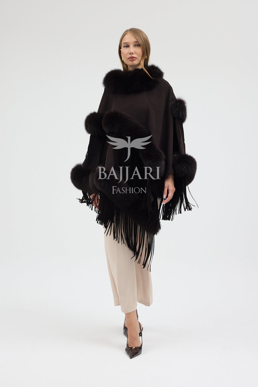 Cashmere Real Fox Fur Embroidered Tassel Cape Shawl