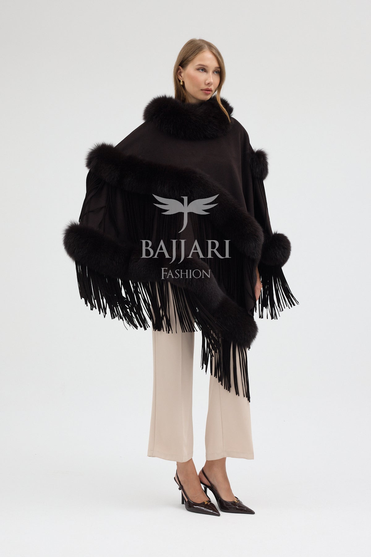 Cashmere Real Fox Fur Embroidered Tassel Cape Shawl