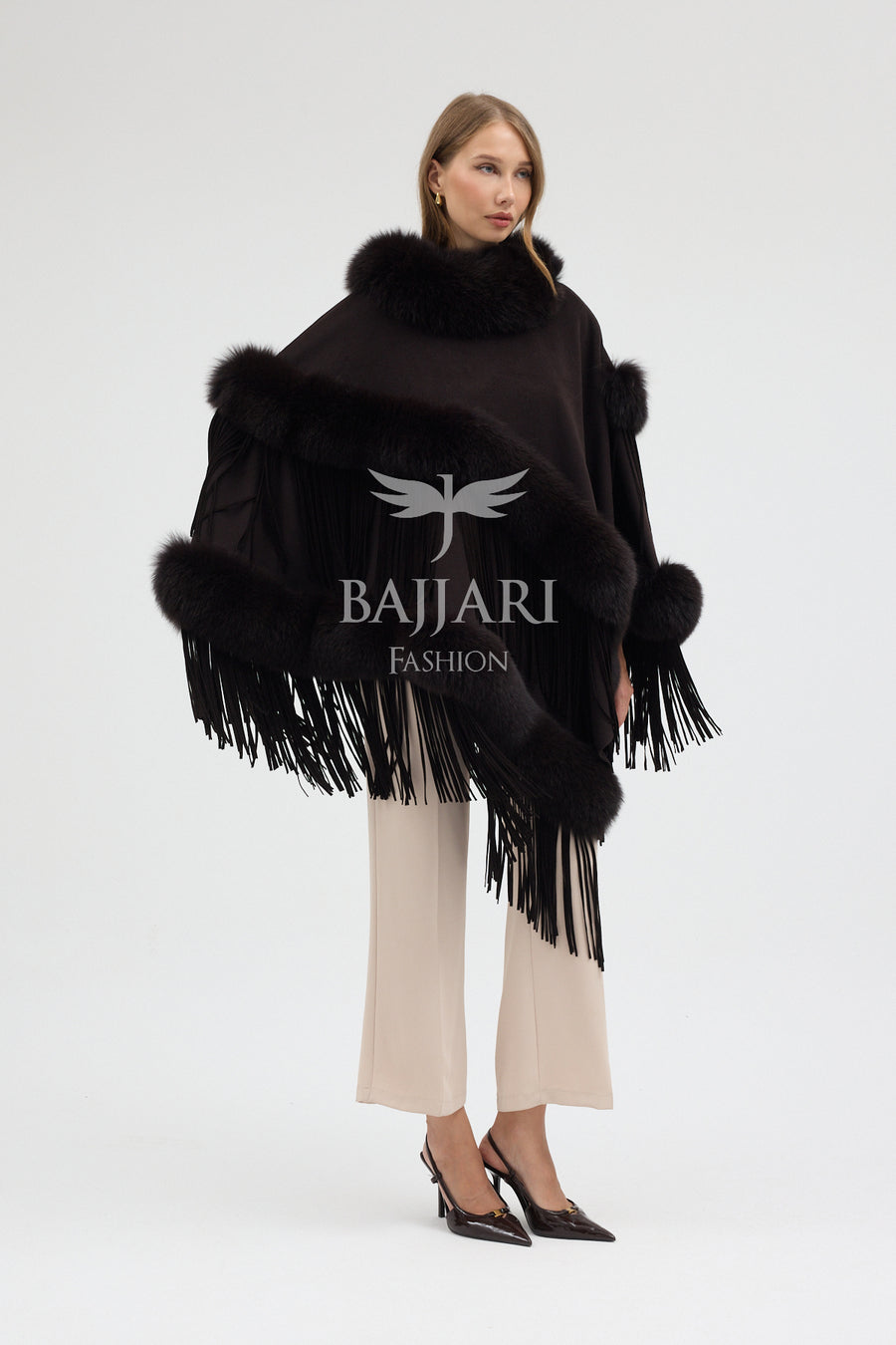 Cashmere Real Fox Fur Embroidered Tassel Cape Shawl