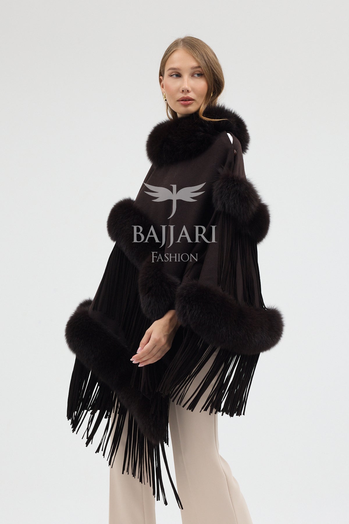 Cashmere Real Fox Fur Embroidered Tassel Cape Shawl