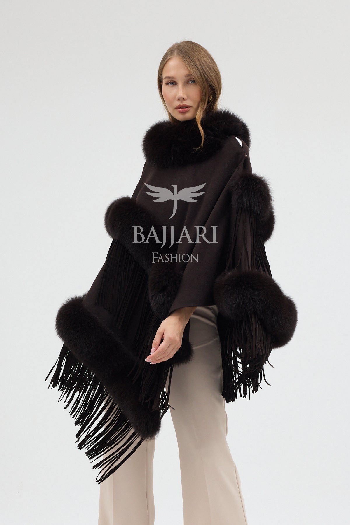 Cashmere Real Fox Fur Embroidered Tassel Cape Shawl