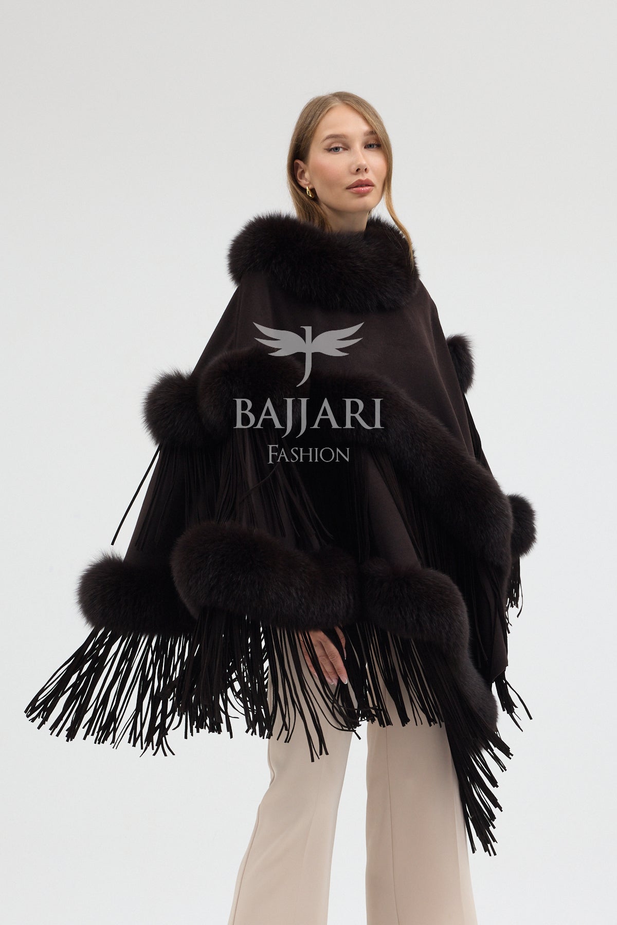 Cashmere Real Fox Fur Embroidered Tassel Cape Shawl