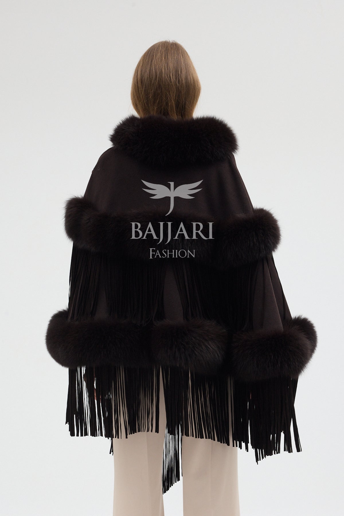 Cashmere Real Fox Fur Embroidered Tassel Cape Shawl