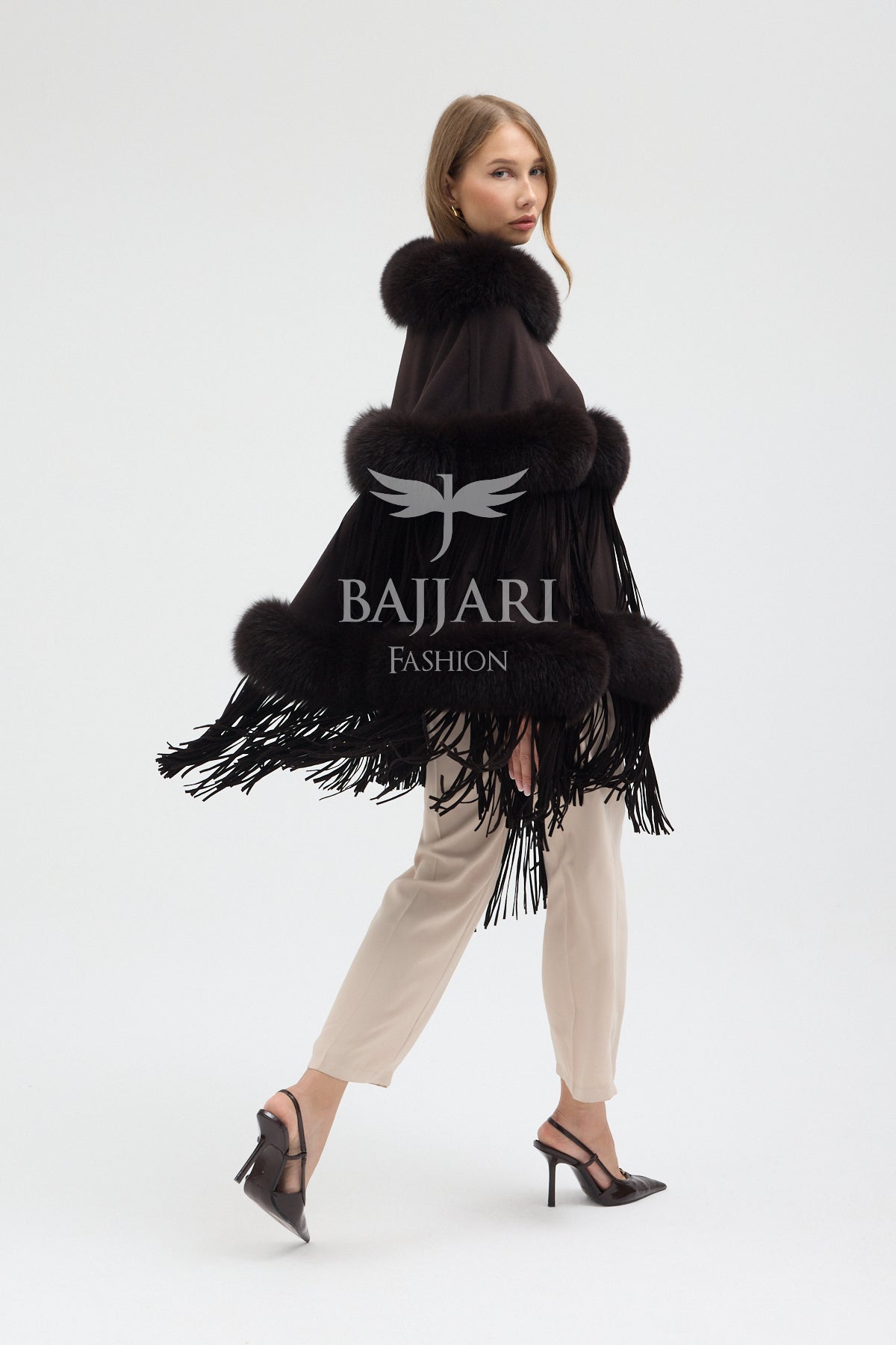 Cashmere Real Fox Fur Embroidered Tassel Cape Shawl