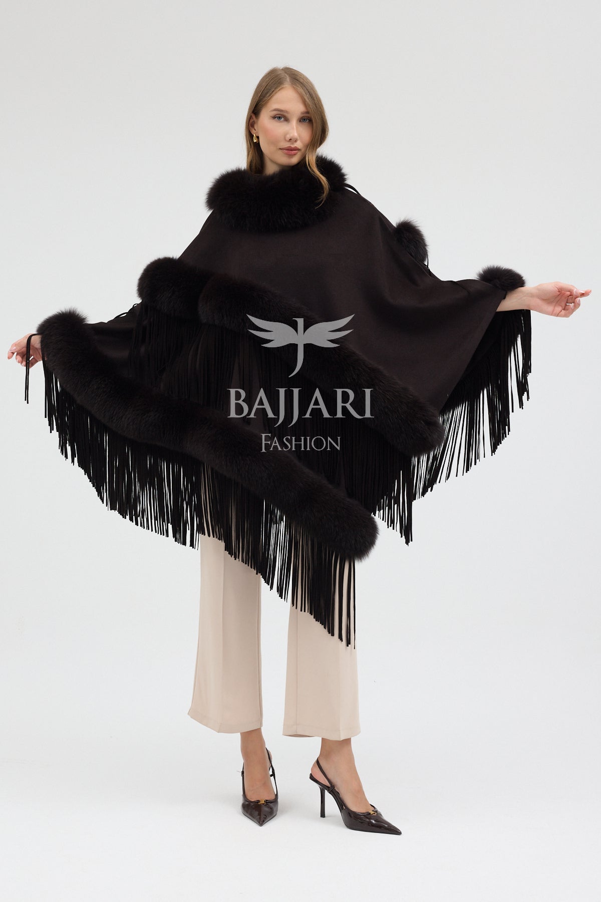 Cashmere Real Fox Fur Embroidered Tassel Cape Shawl