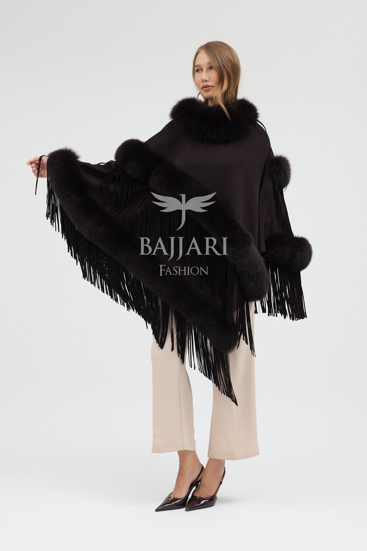 Cashmere Real Fox Fur Embroidered Tassel Cape Shawl