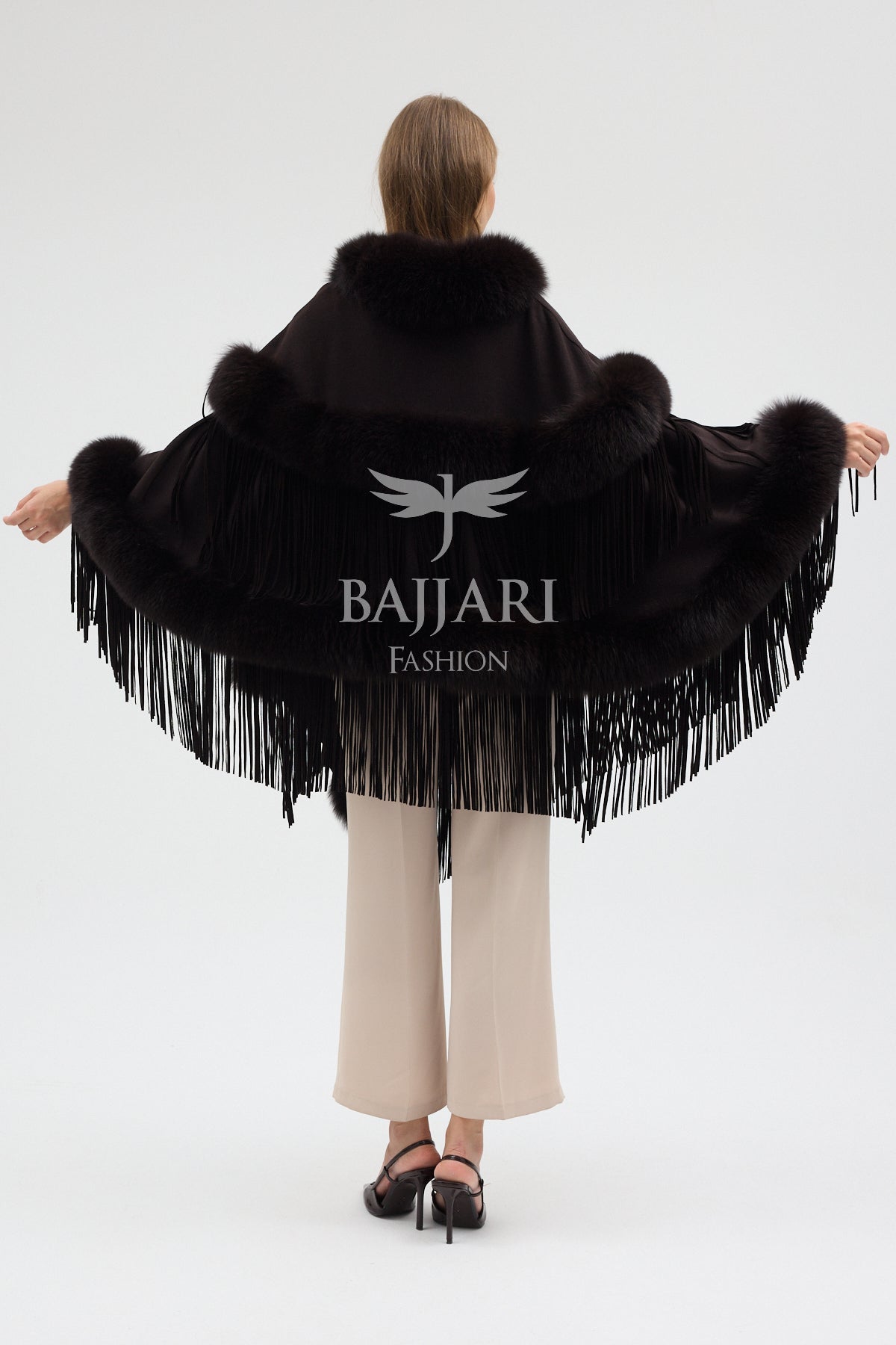 Cashmere Real Fox Fur Embroidered Tassel Cape Shawl