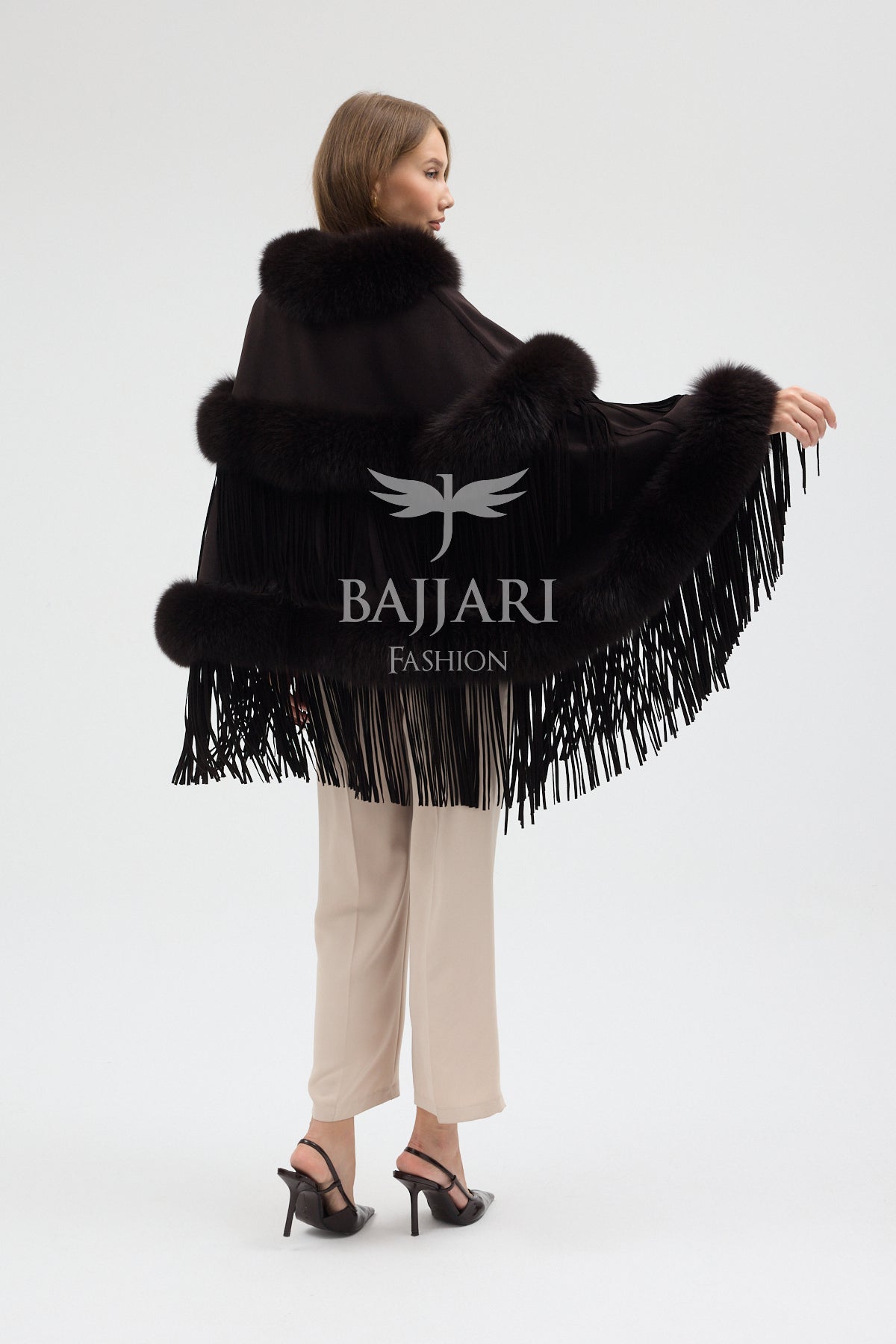Cashmere Real Fox Fur Embroidered Tassel Cape Shawl
