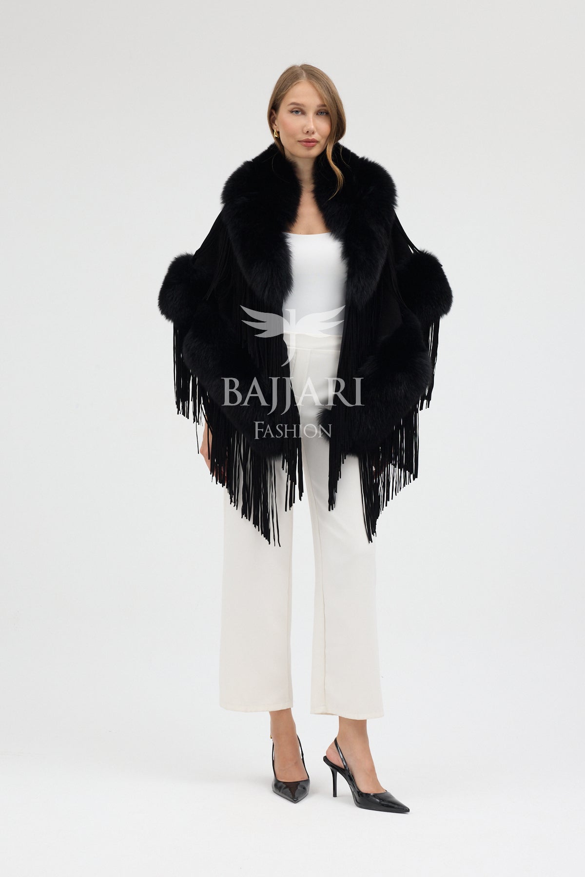 Black Cashmere Real Fox Fur Embellished Tassel Cape Shawl