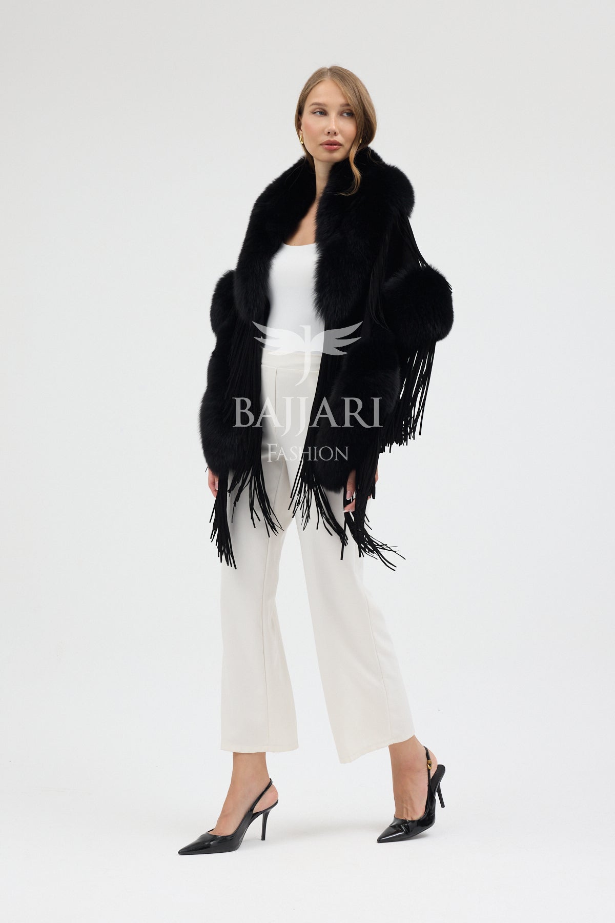 Black Cashmere Real Fox Fur Embellished Tassel Cape Shawl