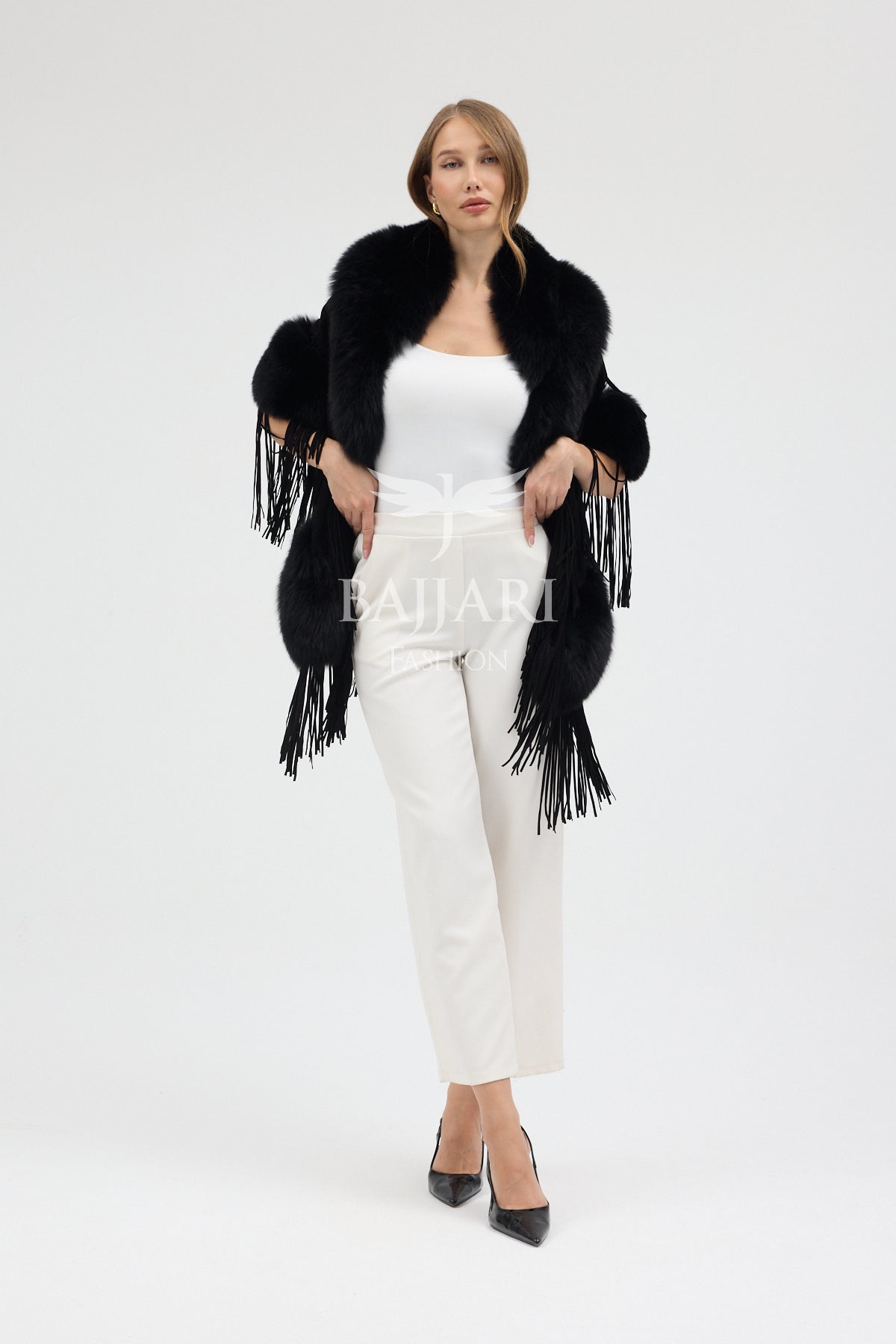 Black Cashmere Real Fox Fur Embellished Tassel Cape Shawl