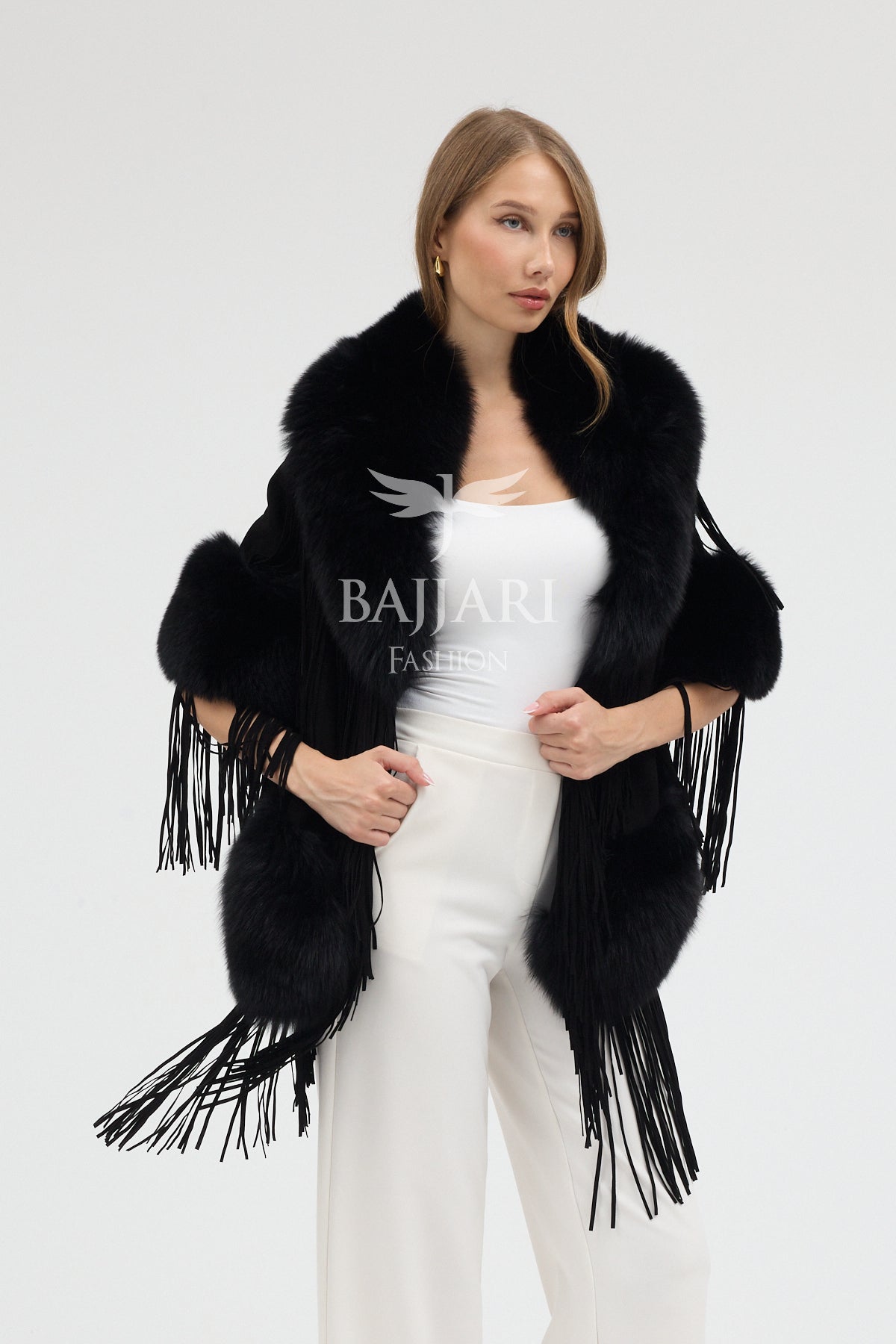 Black Cashmere Real Fox Fur Embellished Tassel Cape Shawl