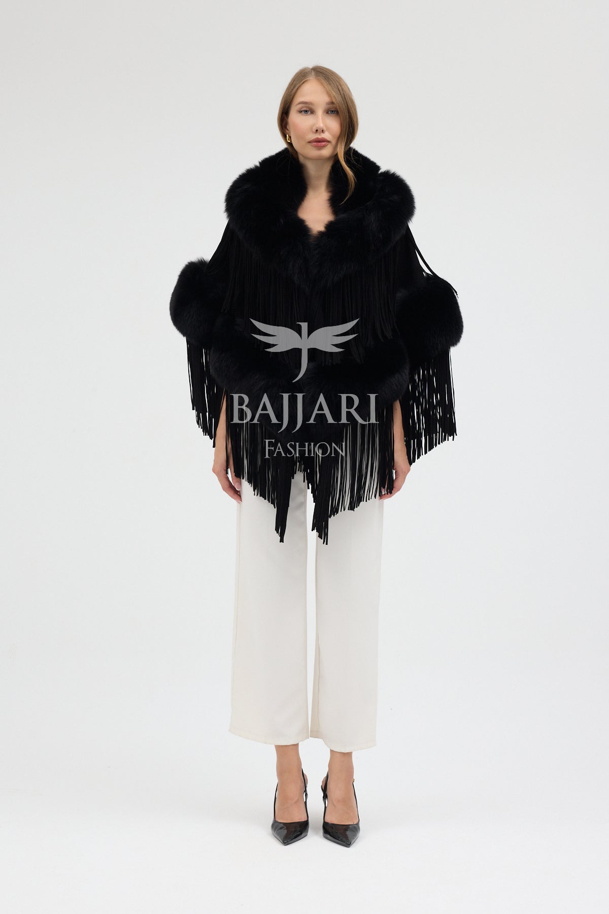 Black Cashmere Real Fox Fur Embellished Tassel Cape Shawl