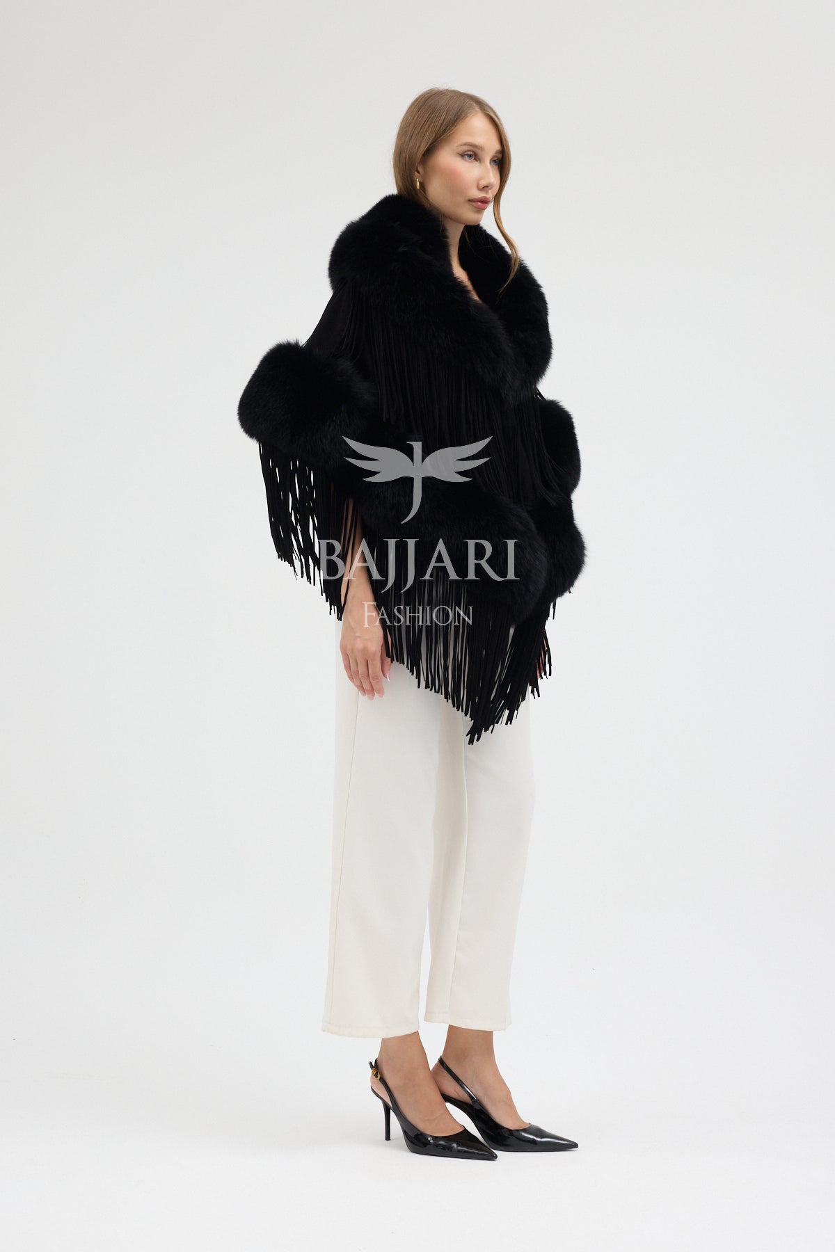 Black Cashmere Real Fox Fur Embellished Tassel Cape Shawl
