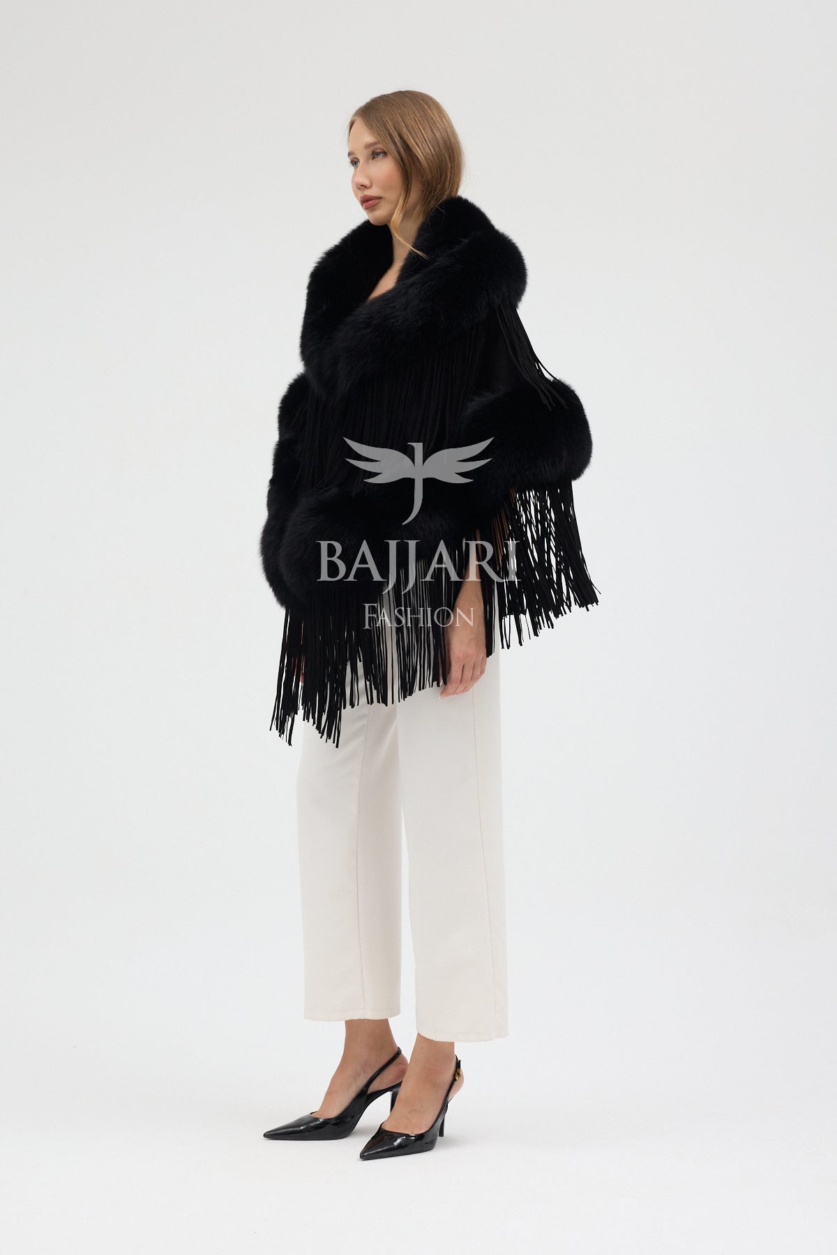Black Cashmere Real Fox Fur Embellished Tassel Cape Shawl