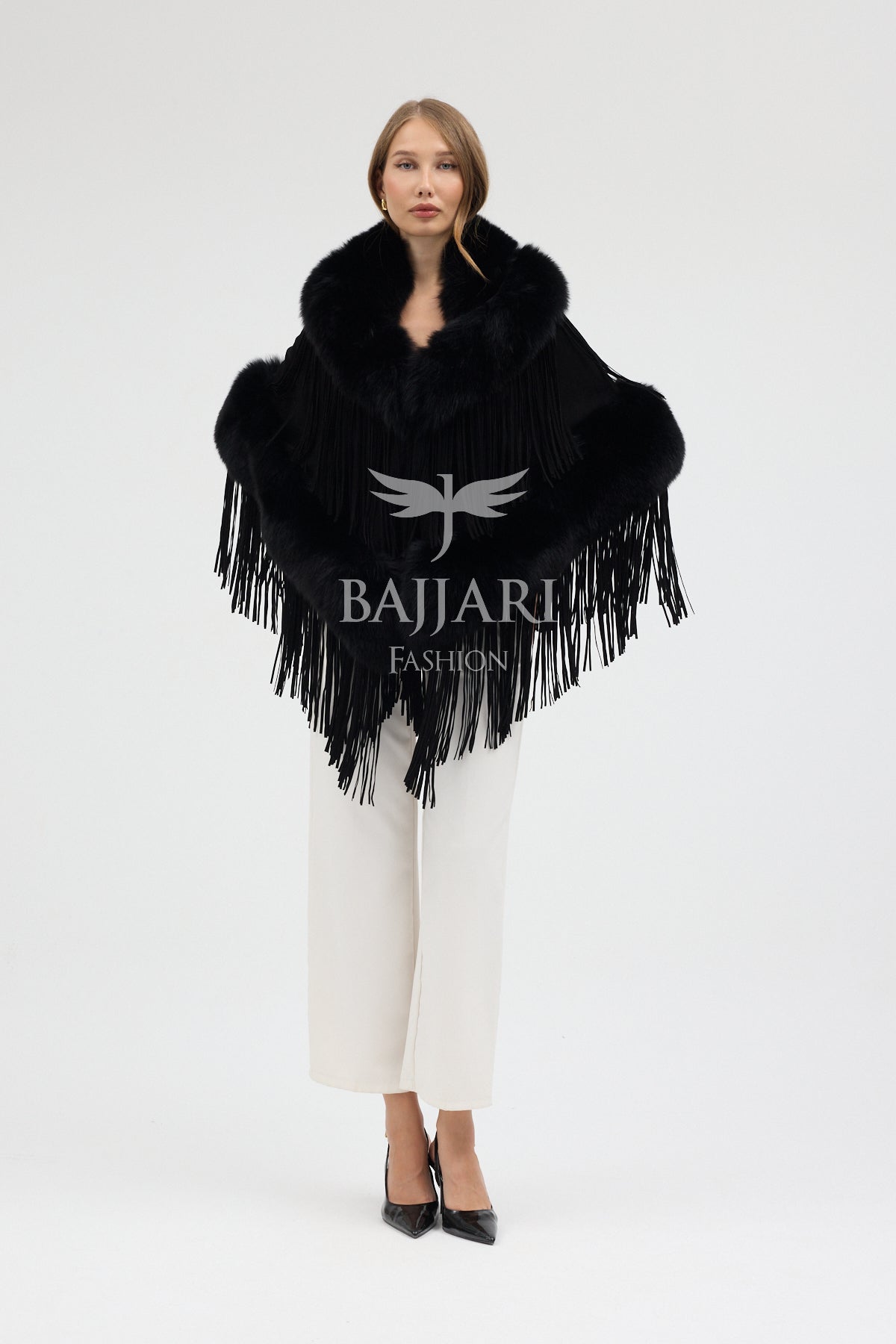 Black Cashmere Real Fox Fur Embellished Tassel Cape Shawl