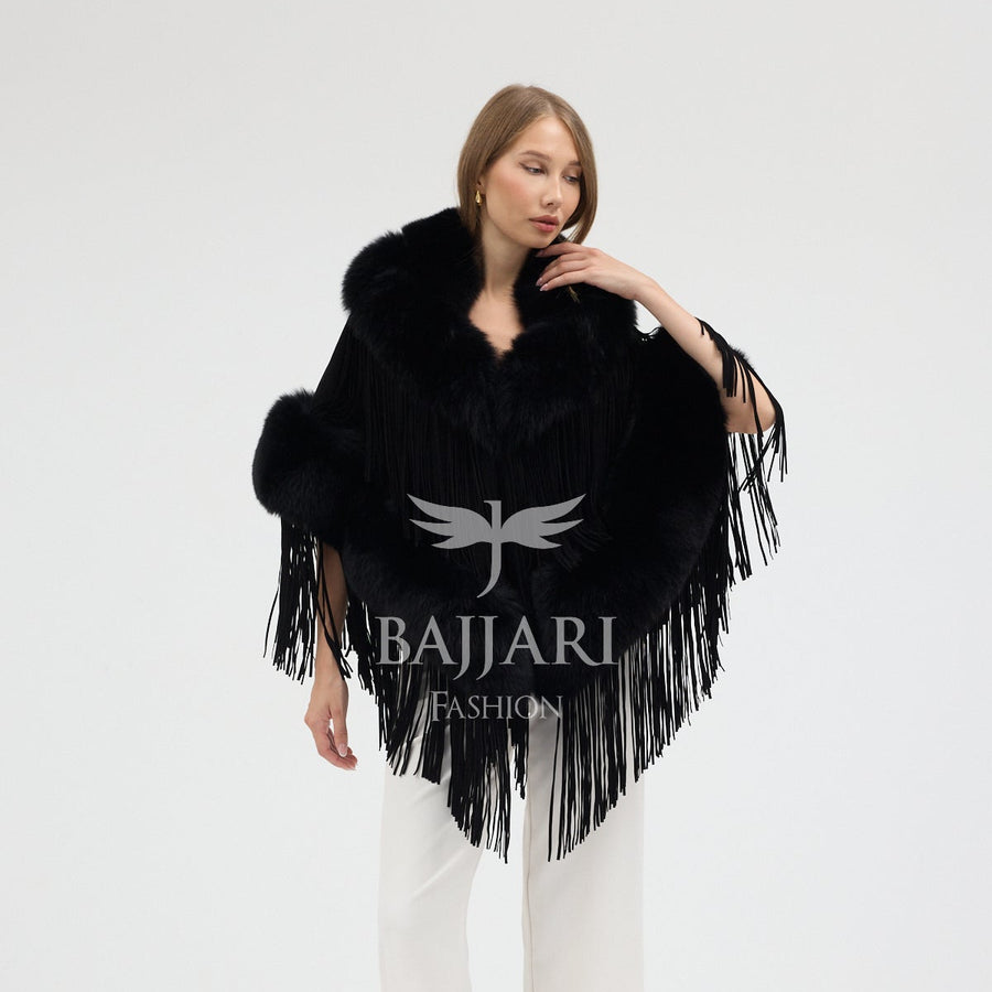 Black Suede Fabric Real Fox Fur Embellished Tassel Cape Shawl