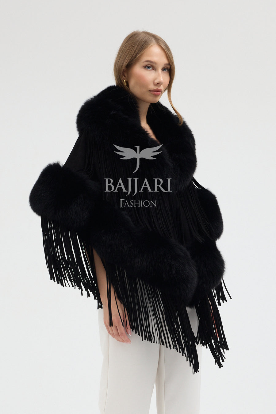 Black Suede Fabric Real Fox Fur Embellished Tassel Cape Shawl