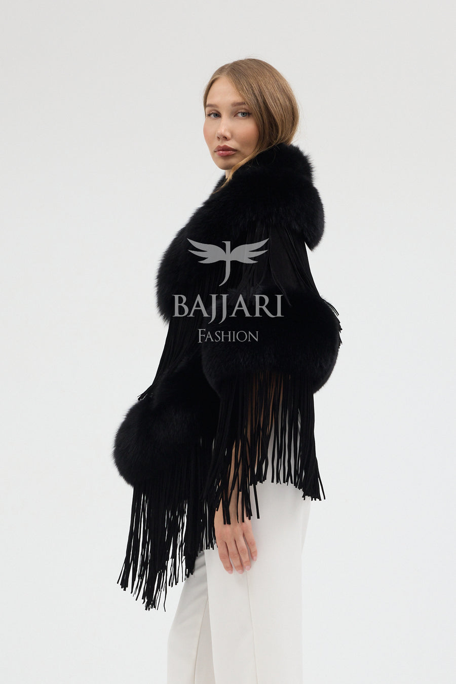Black Suede Fabric Real Fox Fur Embellished Tassel Cape Shawl